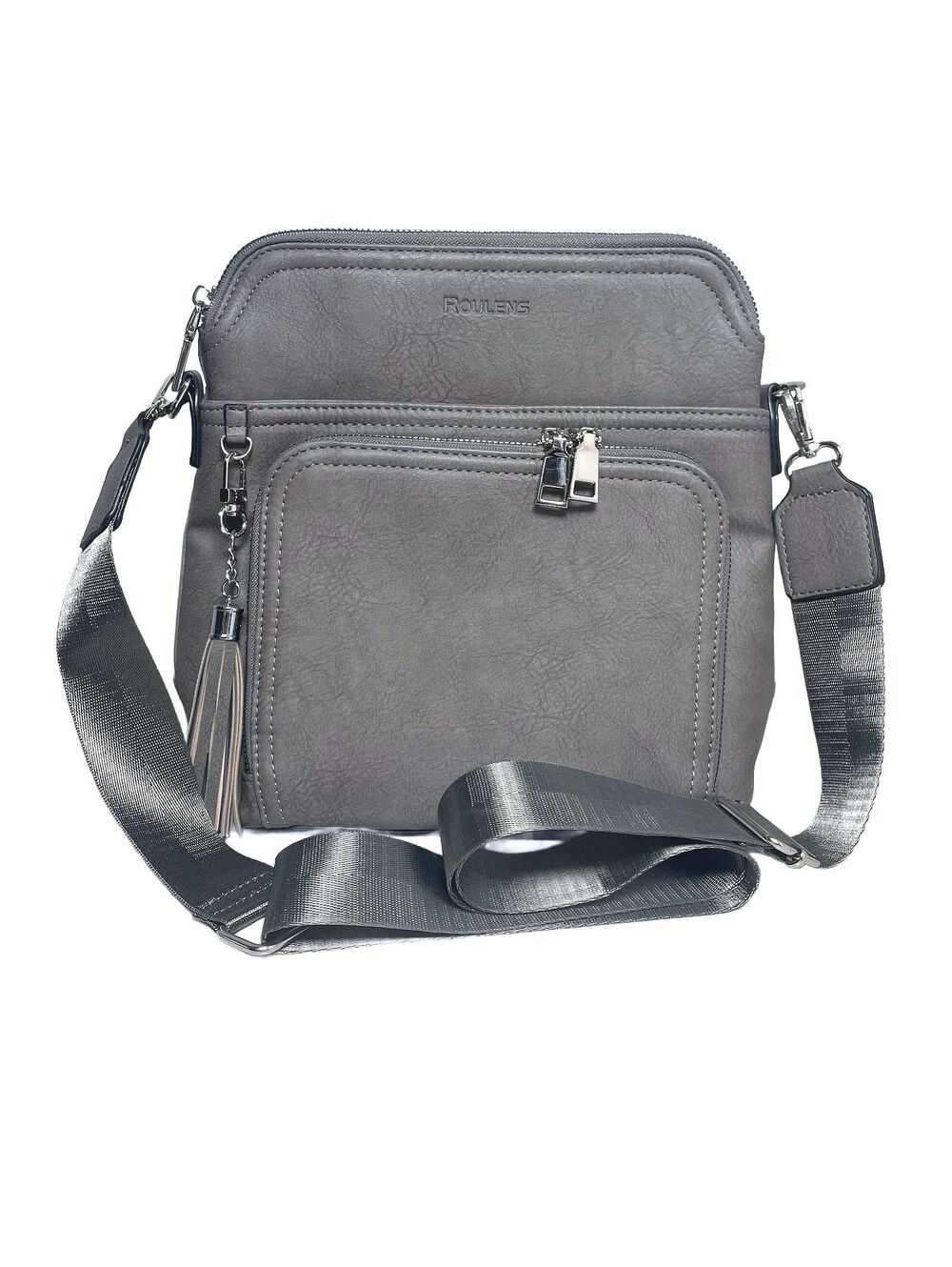 Vegan Leather Gray Roulens Crossbody Wallet Purse Adjustable w/ RFID Travel